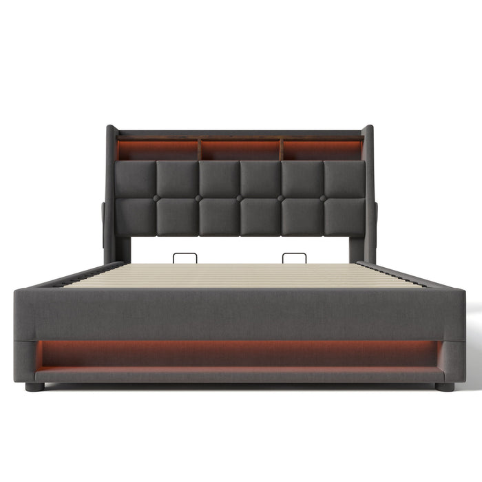 Queen Size Upholstered Platform Bed With A Hydraulic Storage System, LED And USB Charging (Without Mattress) - Gray