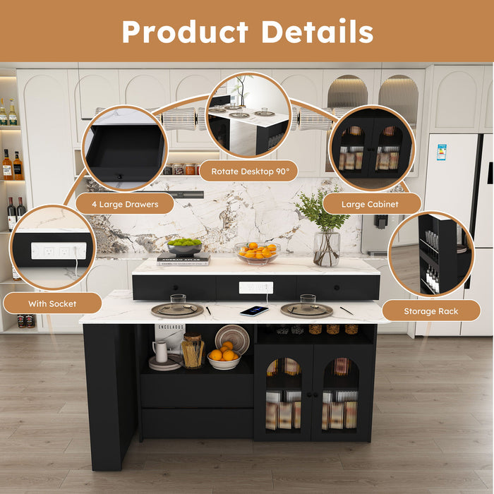 Kitchen Island With Extendable Rotating Table, 4 Drawers & Glass Door Cabinets, Built In Socket - Black