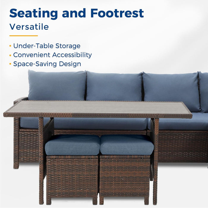 7 Piece Patio Dining Set With Cushions, Modular Sectional Sofa & Storage Table