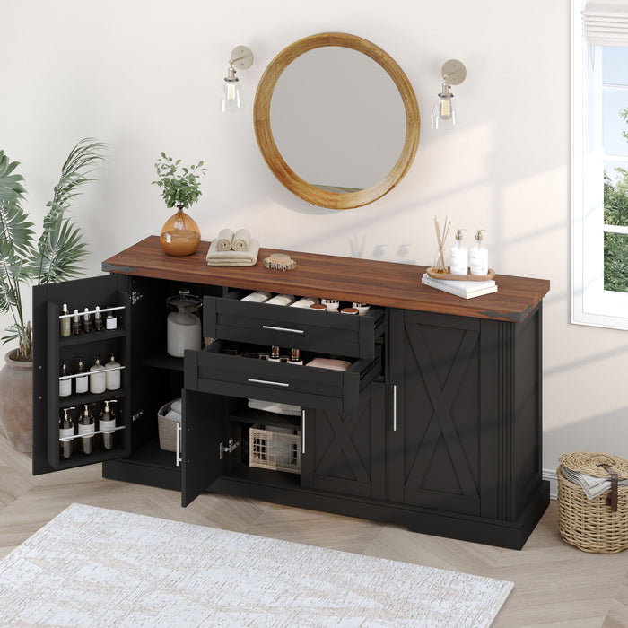 Barn Door Storage Cabinet With 2 Drawers & Door Rack, Adjustable Shelves
