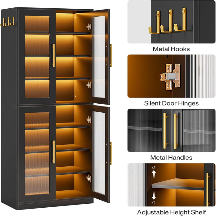 Bookcase With Doors And LED Lighting, 8 Adjustable Shelves Storage Cabinet