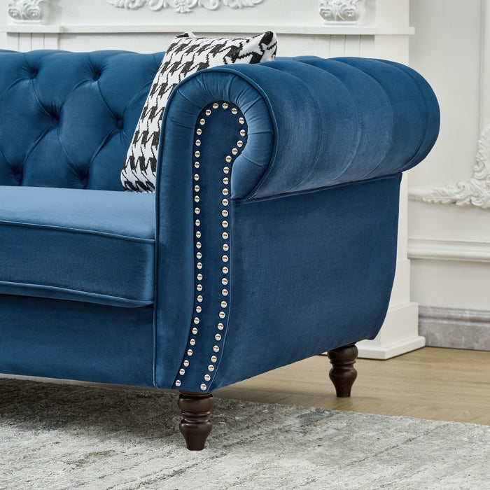 Mid Century Chesterfield Velvet Fabric Sofa With Roll Armrest & Nailhead, Blue, 87 Inches