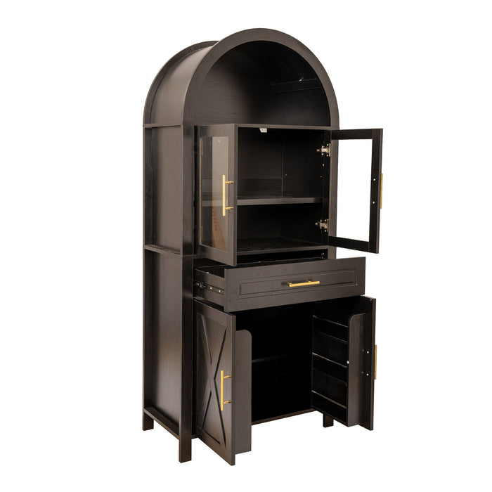 Arched Kitchen Pantry Cabinet With Adjustable Shelves & Barn Door Design