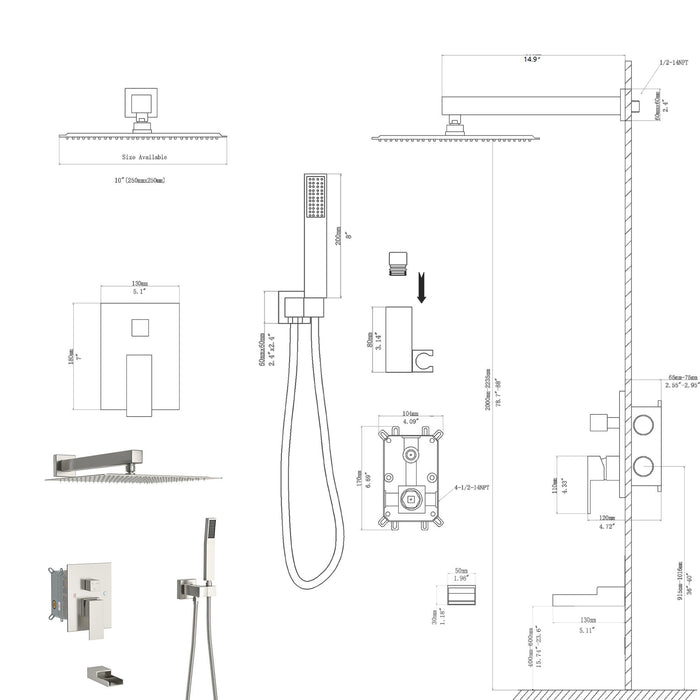 10" Wall Mounted Square Shower System With Rough In Valve