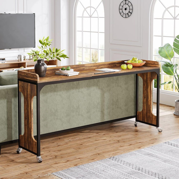 Height Adjustable Overbed Table With Wheels, Queen Size Mobile Laptop Desk, Rolling Computer Cart With Tiltable Stand And Built In Outlets & USB Ports - Rustic Brown