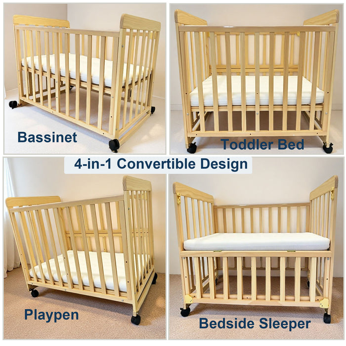 Portable Bedside Bassinet With 3 Adjustable Heights, Mini Crib For Newborns - Natural Wood