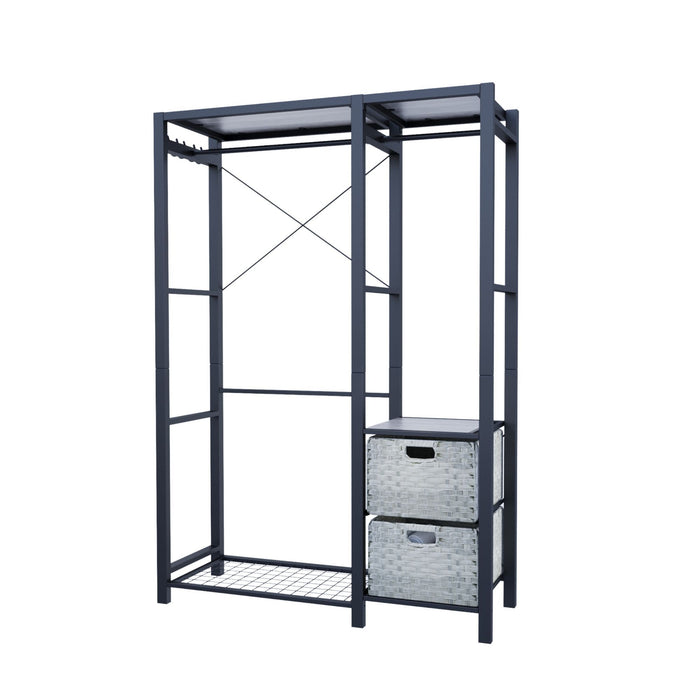 Garment Rack With Shelves, 2 Wicker Drawers, 4 Hooks, Organizer
