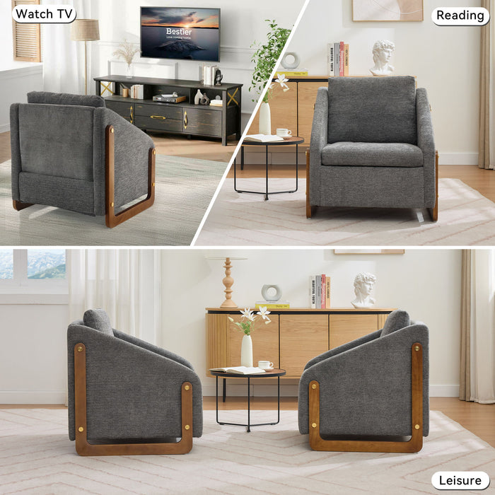 Modern Chenille Upholstered Armchair With Wooden Side Frame