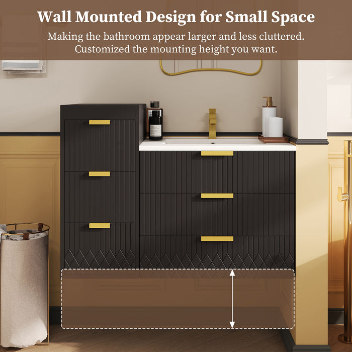 Wall Mounted Floating Cabinet With Double Drawer, Rectangular Sink, Bathroom Vanity With Single Faucet Hole And Overflow - Black