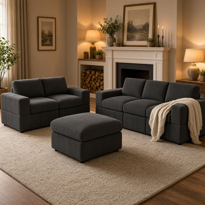 Oversized Modular Sectional Sofa Set With Loveseat & Ottoman, 6 Piece Living Room Furniture - Dark Gray