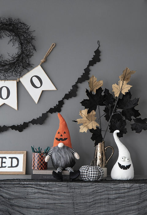 Sitting Gnome With Knit Hat, For Halloween Decor - Black / Orange / White