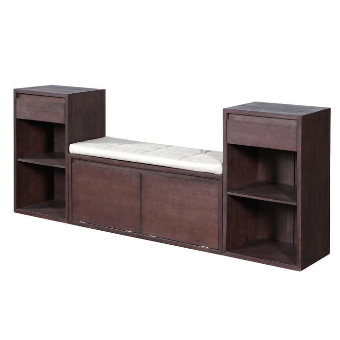 Entryway Storage Bench With Cushion, Drawers & Open Shelves