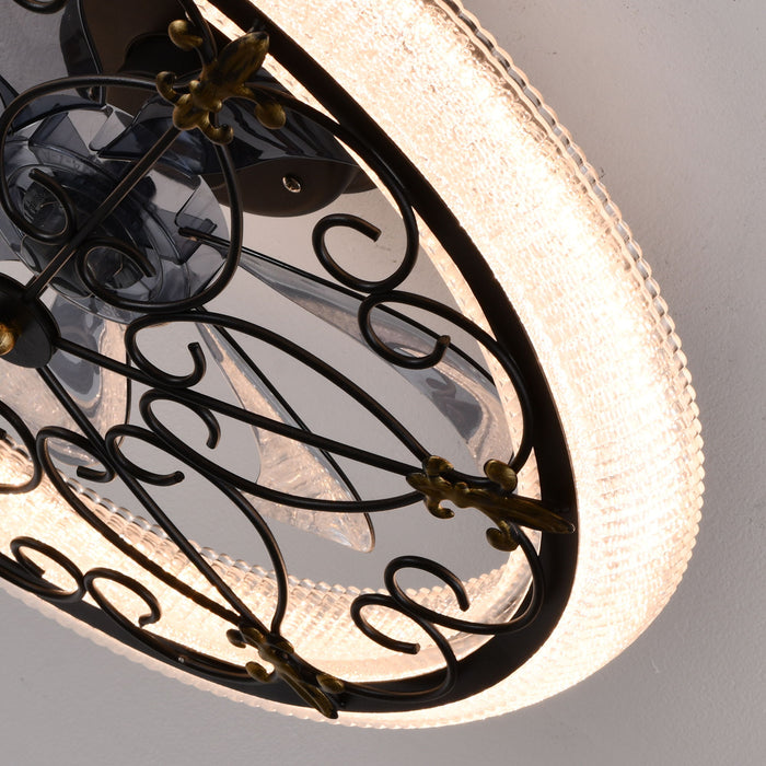 20" Caged Ceiling Fan With Remote Control And Crystal Sand Lampshade - Matte Black