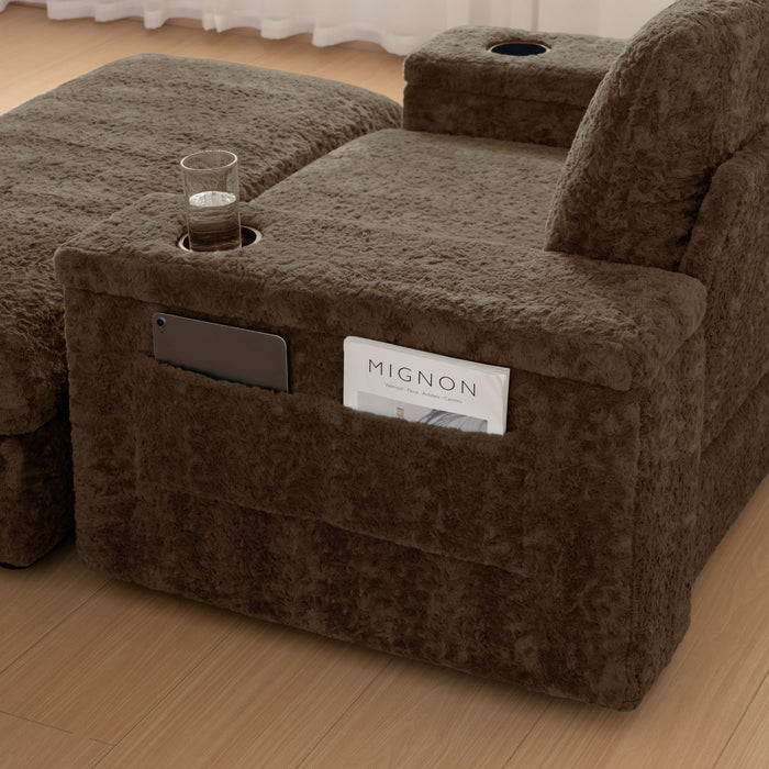 Oversized Chaise Lounge Indoor Rabbit Fur Sofa Bed With Storage Ottoman And Armrests Cup Holders With Deep Seat