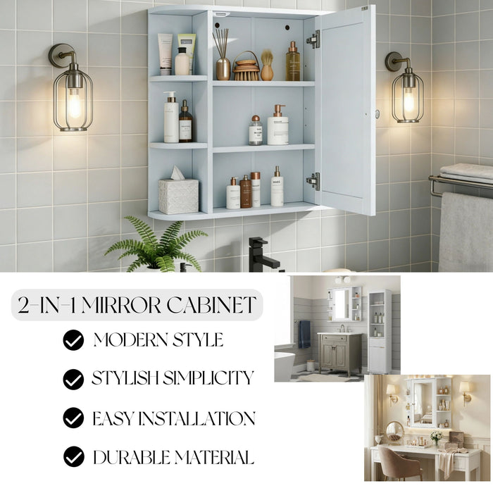 Bathroom Wall Storage Cabinet With Mirror And Adjustable Shelf, 6 Open Shelves