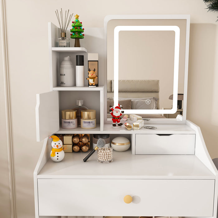 3 Color LED Vanity Mirror With Stool, Dressing Table For Bedroom, 2 Drawers & 5 Storage Cabinets (4 Open + 1 Hidden), Adjustable Lighting - White