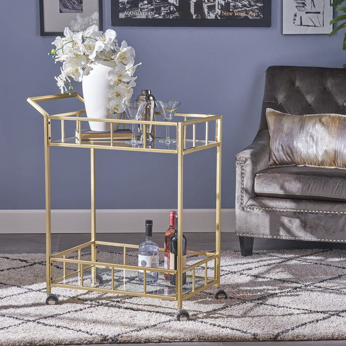 Modern Metal And Glass Bar Cart With Rolling Casters - Gold