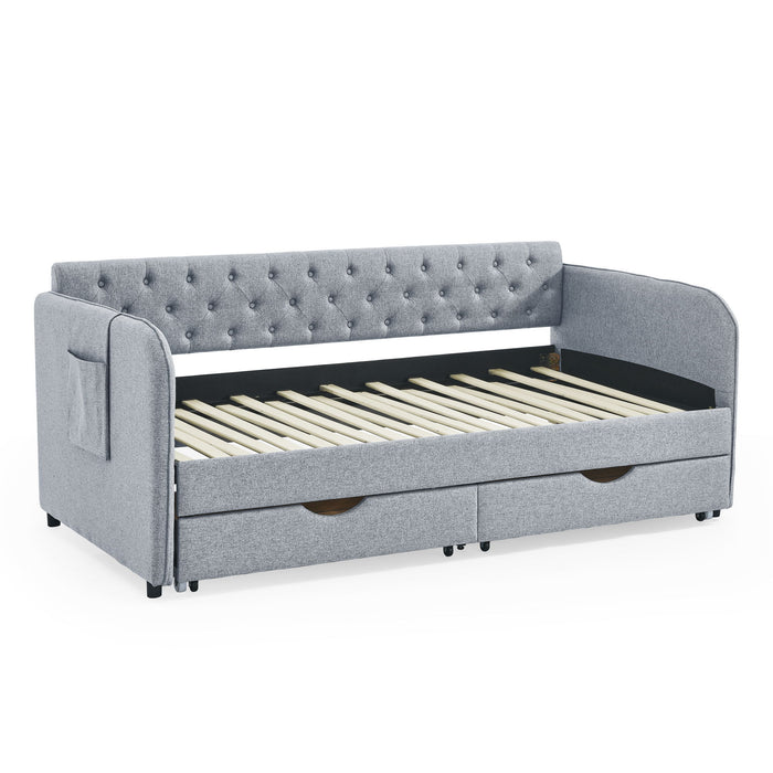Daybed With Trundle And Storage Drawers, Flat Arms With Pocket