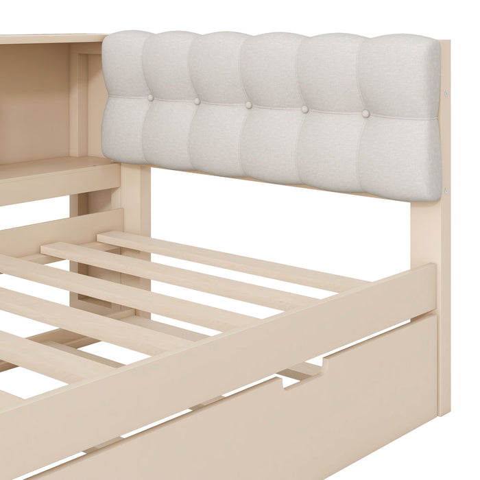 Upholstered Headboard Platform Bed With Storage Shelves, Trundle, Charging Station