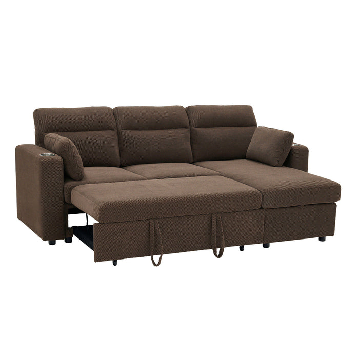 Convertible L - Shaped Sectional Sofa Bed With Storage Chaise, Cup Holders
