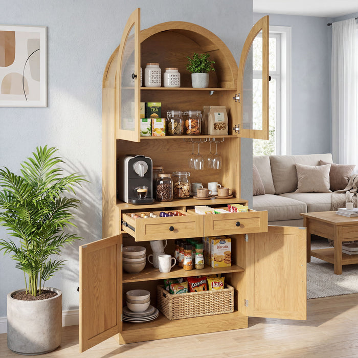 Tall Arched Pantry Cabinet With Charging Station, Adjustable Shelves, Coffee Bar