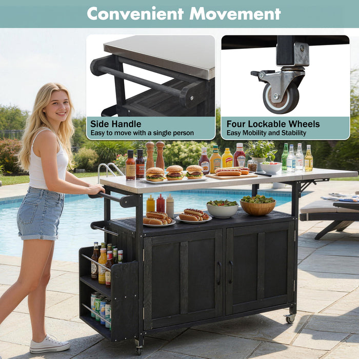 Foldable Outdoor Kitchen Island With Lockable Wheels, Storage Cabinet And Towel Rack For Patio