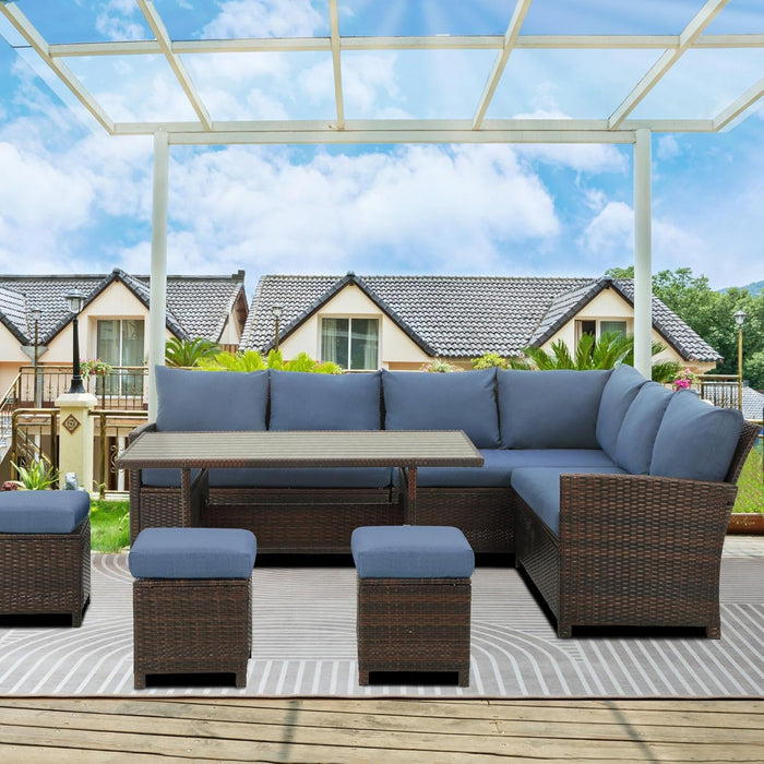 7 Piece Patio Dining Set With Cushions, Modular Sectional Sofa & Storage Table