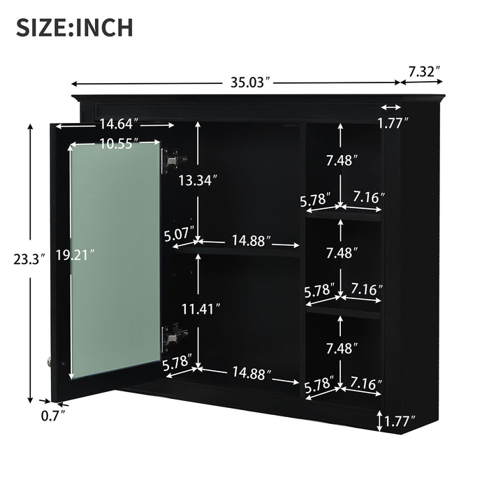 Wall-Mounted Medicine Cabinet With Mirror, 6 Open Shelves And Adjustable Interior - Black