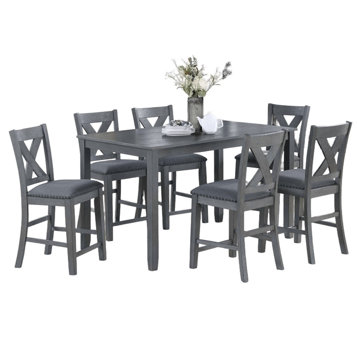 7 Piece Dining Room Furniture, Counter Height Table And 6 Chairs Set - Gray