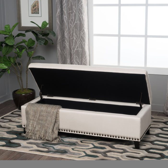 Upholstered Storage Ottoman With Nailhead Trim - Beige