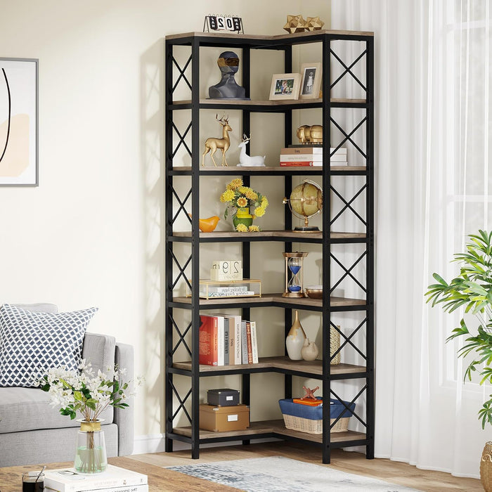 7 Tier Corner Bookshelf, Storage Unit For Living Room