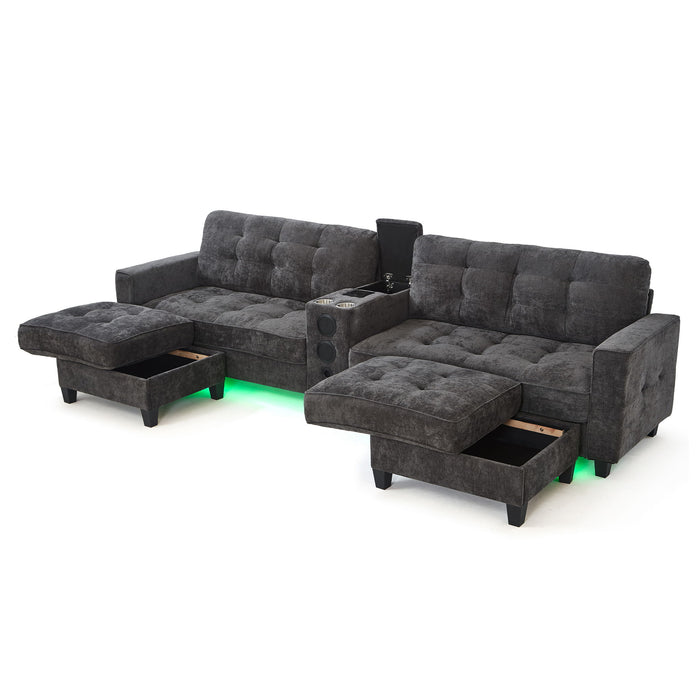 Modern Sectional Sofa U-Shaped With Movable Ottomans, Bluetooth Speakers, LED Lights And Modular Storage