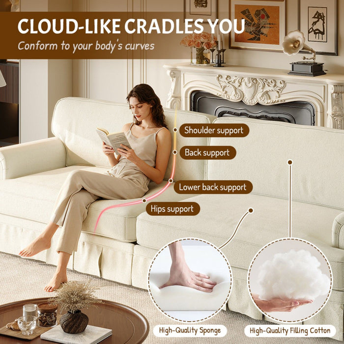 Luxuriously Comfortable Cloud Couch With Elegant Rolled Arms & Pleated Skirt Design