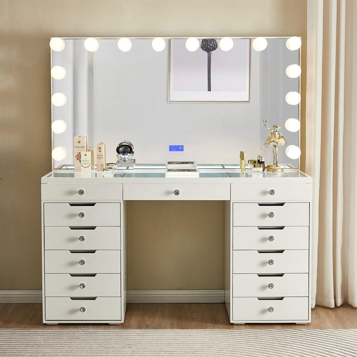LED Lighted Makeup Vanity Desk With 16 Bulbs Mirror, 13 Drawers Dressing Table For Bedroom - Gloss White