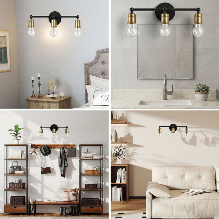 3 Light Wall Sconce, Vanity Light, No Bulbs Included - Black / Gold