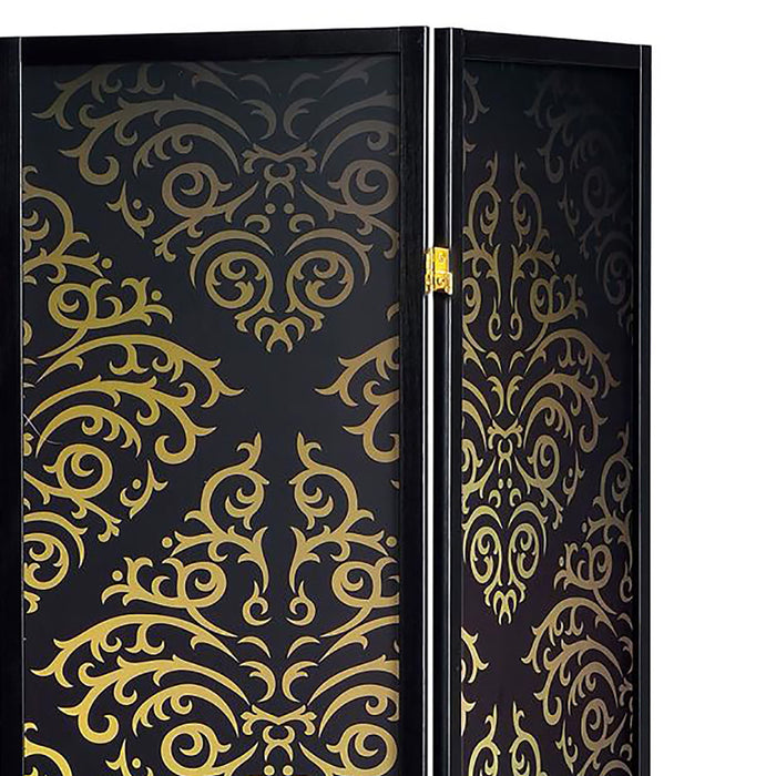 4 Panel Folding Screen With Diamond Scrollwork Motif - Black