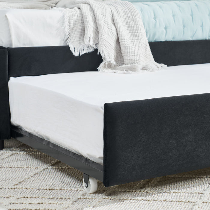Full Size Upholstered Daybed With Trundle, Tufted Backrest And Armrests - Black