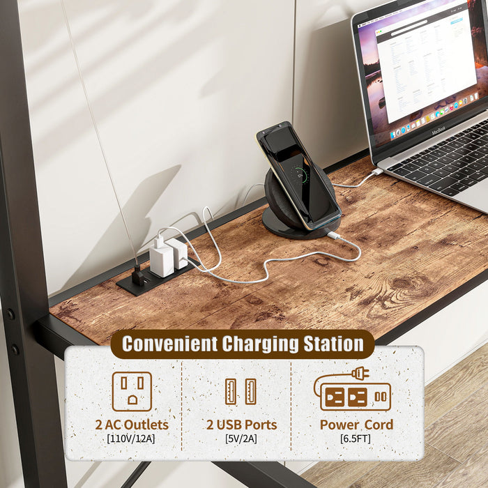 Space Saving Twin Size Loft Bed With L Shaped Desk, Shelves, Charging Station, Led Lights - Brown