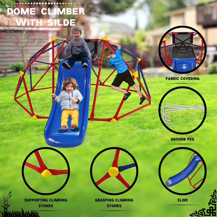 Innovative Dome Climber With Slide And Climbing Stones - Blue / Red