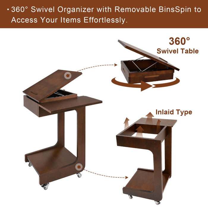 C - Shaped End Table, Rolling With 360° Adjustable & Foldable Desktop, Couch Table With Laptop Stand For Living Room - Walnut
