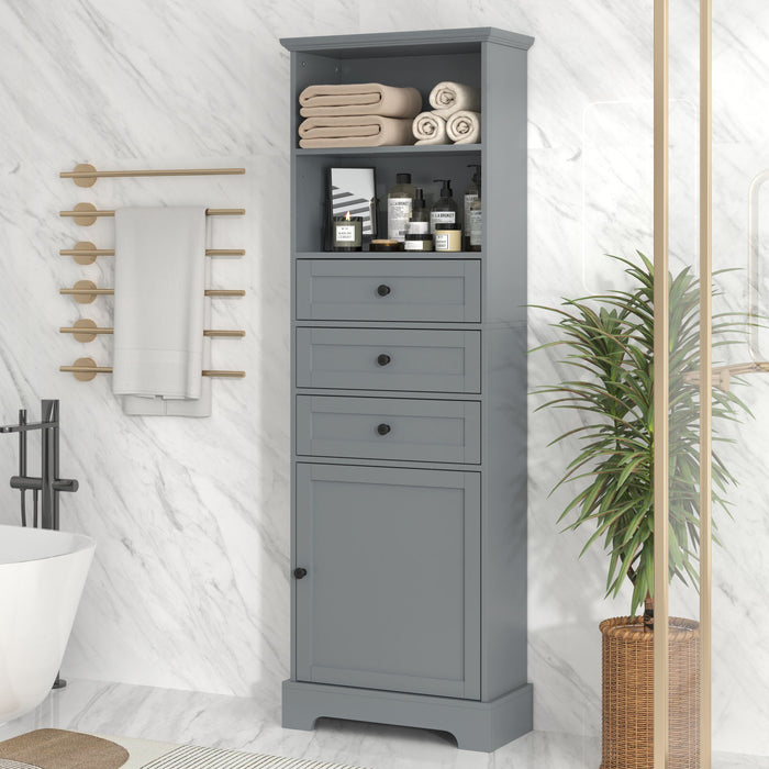 Tall Storage Cabinet With 3 Drawers And Adjustable Shelves For Bathroom