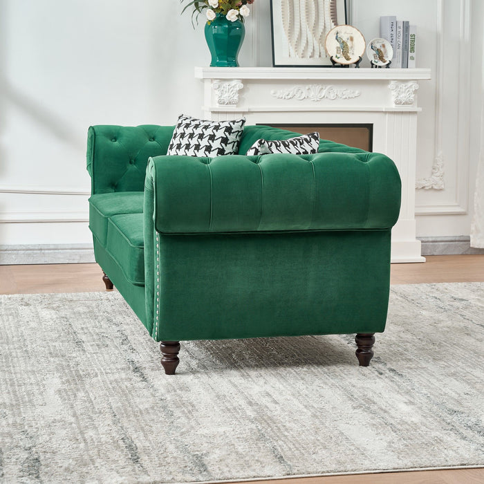 Mid Century Chesterfield Velvet Fabric Sofa With Roll Armrest & Nailhead, Green, 87 Inches