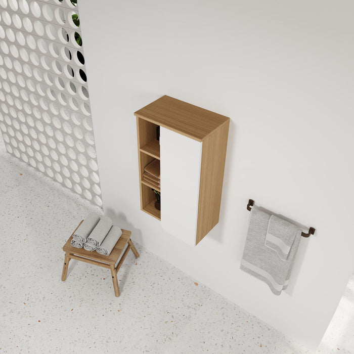 Wall Mounted Bathroom Side Cabinet, Single Door With 3 Tier Open Shelves - Black / Light Oak / White