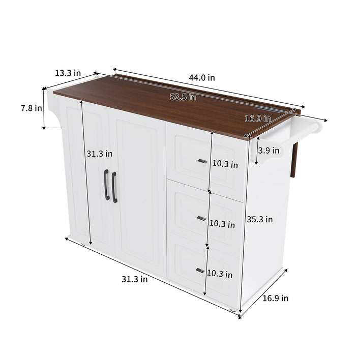 Kitchen Island Cart With Foldable Tabletop & Drop Leaf Mobile Breakfast Bar With Wood Top And Storage - White / Walnut