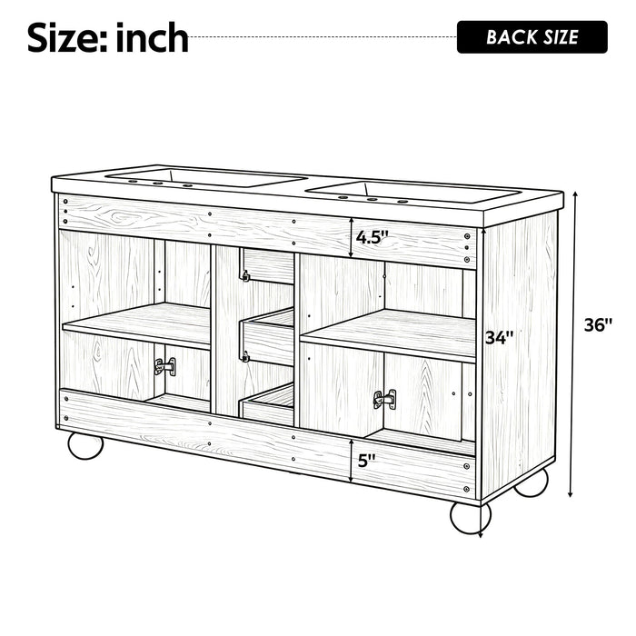Double Sink Bathroom Vanity With Sinks, Soft Close Doors & 3 Drawers - Wood