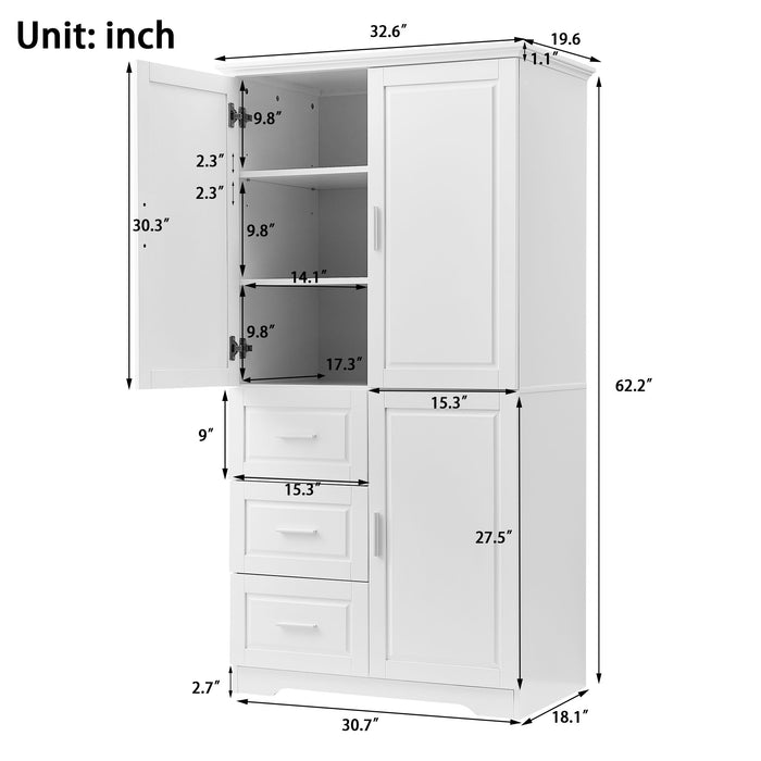 Tall Wide Storage Cabinet With Doors, 3 Drawers