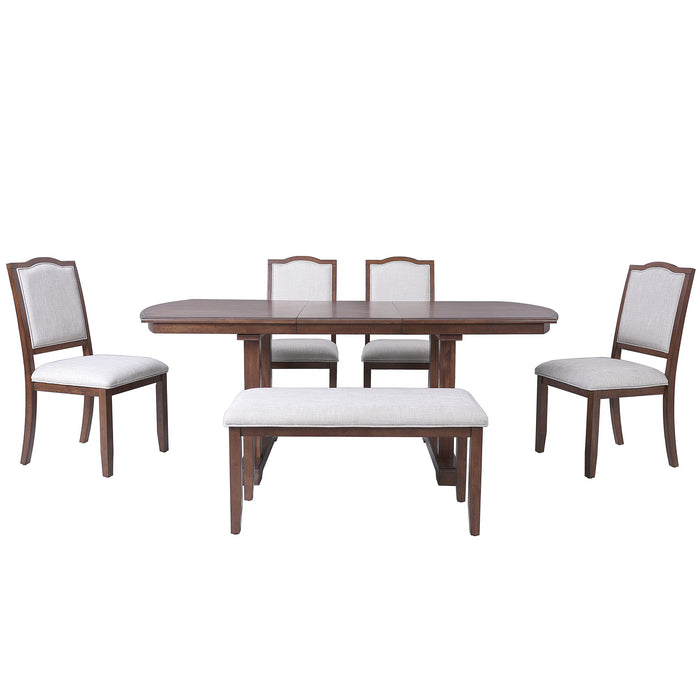 6 Piece Extendable Dining Table Set, Wood Table With Removable Leaf, 4 Upholstered Chairs And Bench - Cherry