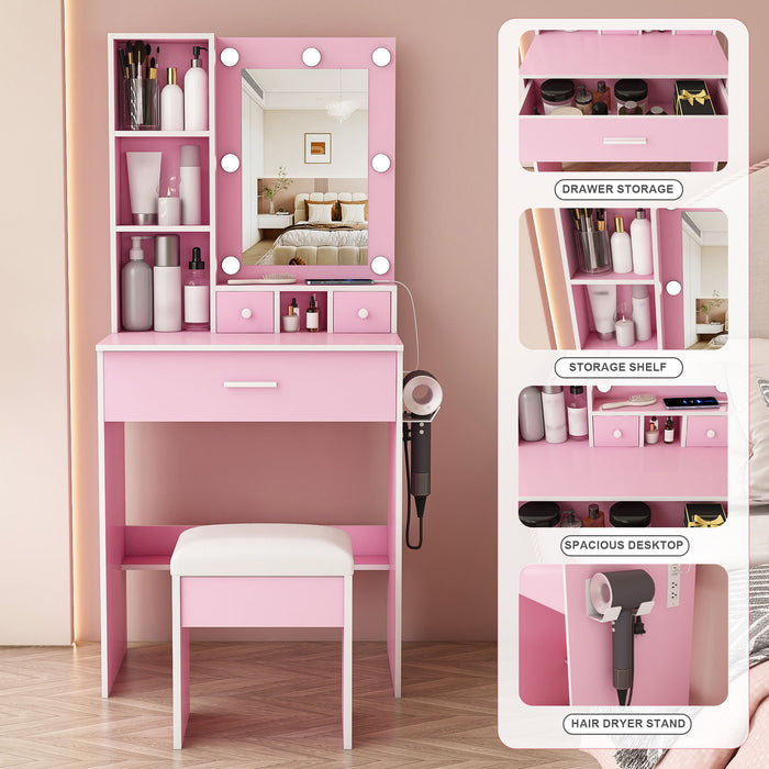 Vanity Table With Mirror, Adjustable LED Lights, Power Outlet, Hairdryer Holder & Stool