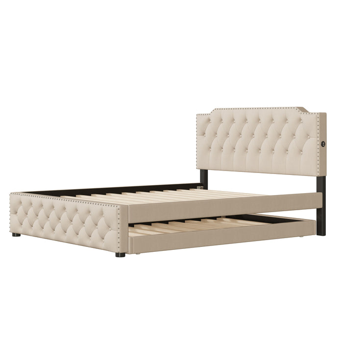 Upholstered Platform Bed With Trundle And 2 Sets Of USB Ports On Each Side, Linen Fabric