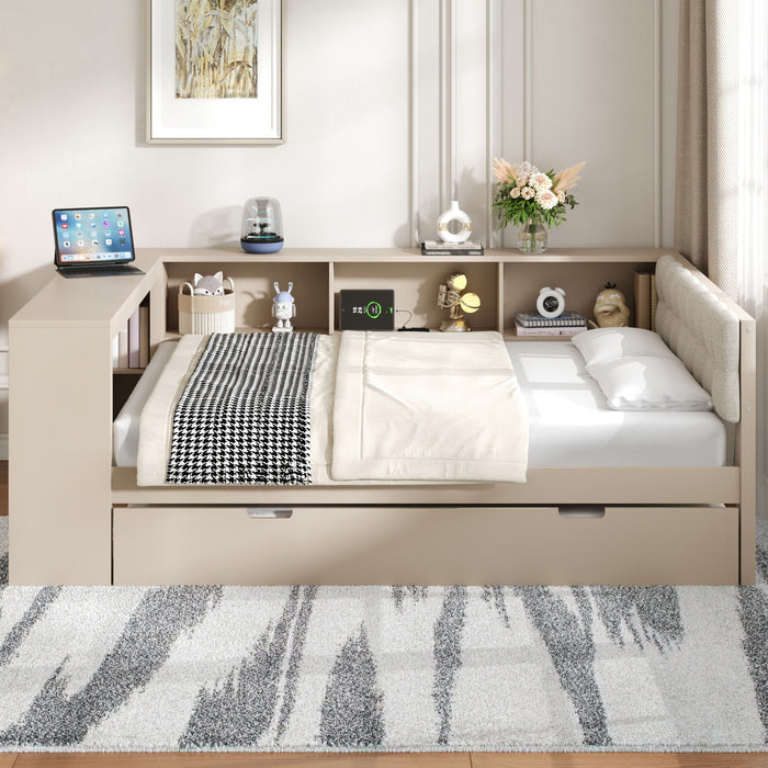Upholstered Headboard Platform Bed With Storage Shelves, Trundle, Charging Station